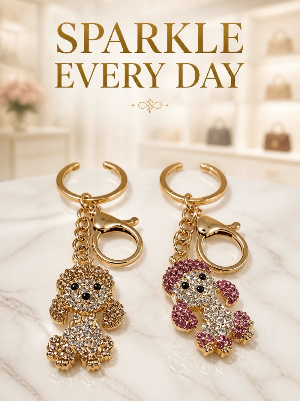 Gold Crystal Puppy Keychain Charm - Pink & Clear Accents NWT